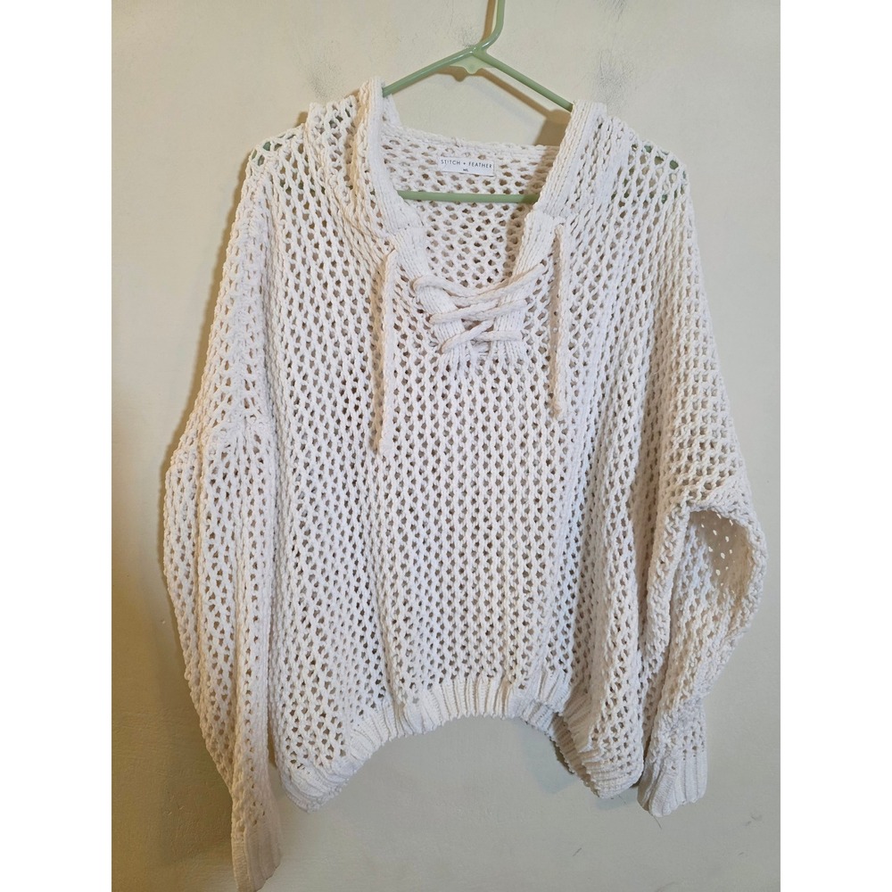 Stitch + Feather Cream Open Knit Lace Up Hoodie Sweater ML Oversized Boho